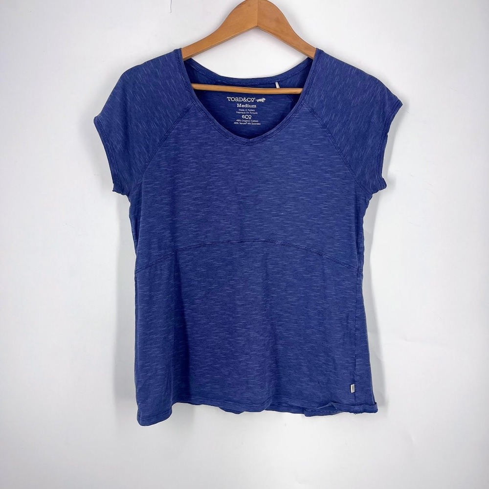 Toad&Co Womens Blue Organic Cotton Tencel V-Neck Cap Sleeve Tee Shirt Medium